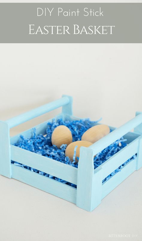 DIY Easter Basket | Paint stir stick crate, diy crate, easter crafts, easter crate  #easter #diycrate #beginnerwoodworking #paintstirstickcraft #kidscrafts #easter basket Make Your Own Easter Basket, Paint Stir Stick Crafts, Painted Sticks Diy, Wood Easter Basket, Diy Easter Basket, Sticks Diy, Cardboard Crafts Kids, Country Spring, Paint Stir Sticks