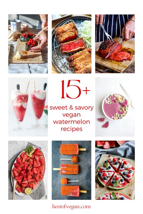 Watermelon season is here! Pick your favorite vegan watermelon recipe off the list of 15+ recipes including sweet and savory treats, as well as cocktails. Get the full list here. #bestofvegan#veganwatermelonrecipe#watermelonrecipe#nationalwatermelonday Vegan Watermelon Recipes, Savory Watermelon Recipes, Marinated Watermelon, Watermelon Season, Watermelon Recipe, Watermelon Pizza, Watermelon Popsicles, Savory Treats, Eating Watermelon