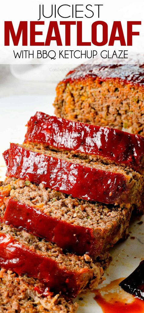 Juiciest Meatloaf EVER with Barbecue Ketchup Glaze Alton Brown Meatloaf, Meatloaf Recipe No Ketchup, Pork And Beef Meatloaf, Carlsbad Cravings Recipes, Moist Meatloaf, Baked Meatloaf, Meatloaf Glaze, Leftover Meatloaf, Cravings Recipes