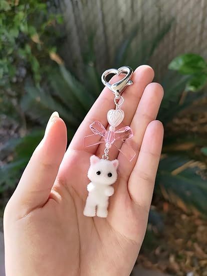 Fuzzy Cat, Bow Keychain, Y2k Heart, Cat Bead, Cat Heart, Keychain Clip, Cat Keychain, Pearl Heart, Cat Bag