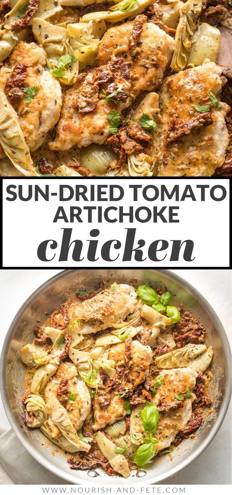 Tomato Chicken Recipe, Sun Dried Tomato Chicken, Lemon Thyme Chicken, Sundried Tomato Chicken, Sun Dried Tomato Sauce, Tomato Chicken, Seared Chicken, Artichoke Chicken, Easy Skillet