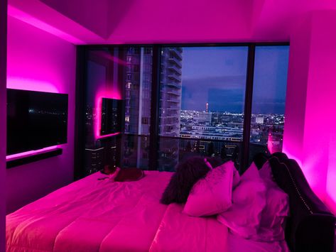 Downtown LA pink LED vibes Led Aesthetic Bedroom, Pink Led Bedroom, Led House Aesthetic, Dream Apartment Decor Bedroom, Pink Led Room, Led Apartment Aesthetic, Apartment Led Lights, Downtown La Apartment, Led Apartment