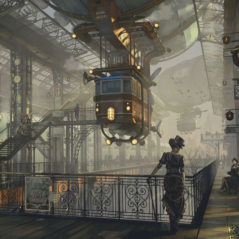 ArtStation - Steampunk trainstation Ville Steampunk, Steampunk City, Steampunk Artwork, Steampunk Aesthetic, Steampunk Tendencies, Bg Design, Fantasy City, Fantasy Setting, Fantasy Places