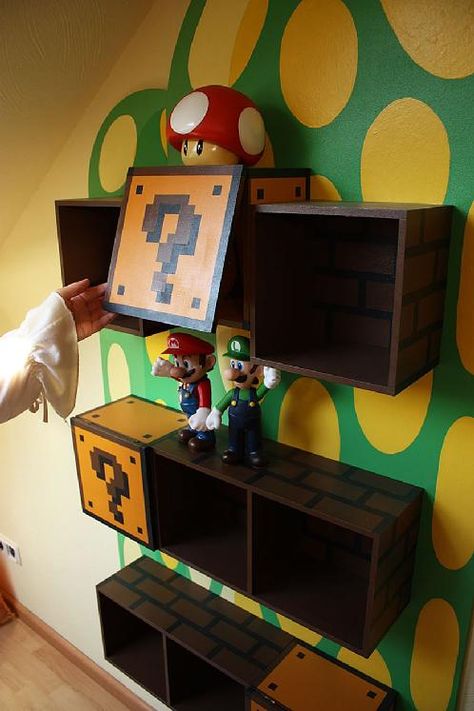 mario 2 diy shelves1 Super Mario Bros Furniture is the Wildest Concept Mario Bros Furniture, Sala Nerd, Mario Bros Room, Super Mario Room, Mario Room, Nerd Room, Space Invaders, Bookshelves Kids, Themed Room