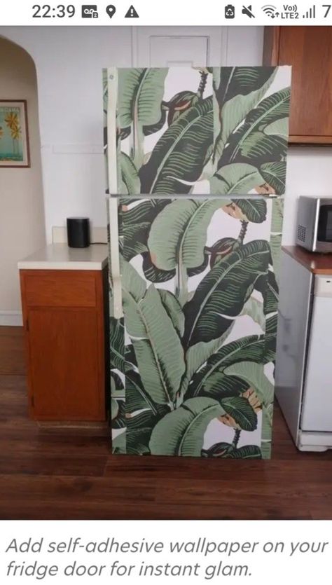 Fridge With Wallpaper, Fridge Wallpaper Ideas, Contact Paper Fridge Makeover, Wallpaper Fridge Diy, Fridge Door Decor, Wallpaper On Fridge, Wallpapered Fridge, Contact Paper Fridge, Fridge Decoration Ideas