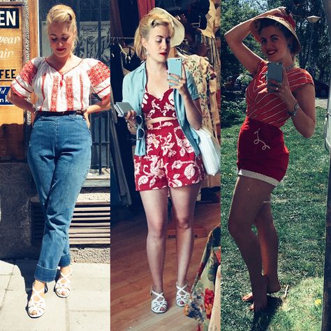 Favorite 1950s vintage outfits; red, turquoise, sun bleached cottons and denim. Photo: Miriam Parkman @miriamethel #vintage #1950s #casualvintagestyle #vintagedenim #levis #shorthorns Vintage Americana Outfits, Americana Outfits, Summer Camping Outfits, Eccentric Style, Summer Camping, Vintage Americana, Camping Outfits, Red Turquoise, Summer Inspiration