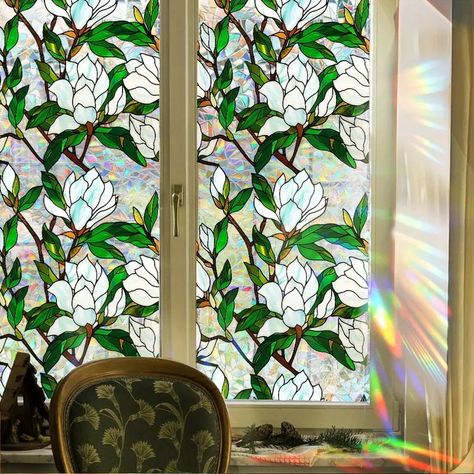 Rainbow Prismatic Window Film Double sided Floral Leaf - Temu Peel And Stick Stained Glass Window Art, Stain Glass Stickers, Glass On Glass Mosaic Window, Floral Window Display, Vancouver Life, Windows Decor, Stained Glass Window Clings, Stain Glass Window Art, Happy Room