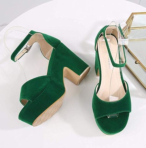 Open Toe Ankle Strap Block Heeled Platform Sandals Green Platform Sandals With Round Toe, Casual Green Platform Heels, Trendy Green Platform Heels, Green Platform Shoes, Modern Green Platform Heels, Green Synthetic Platform Heels, Block Heel Platform Sandals, Green Platform, Ankle Strap Block Heel