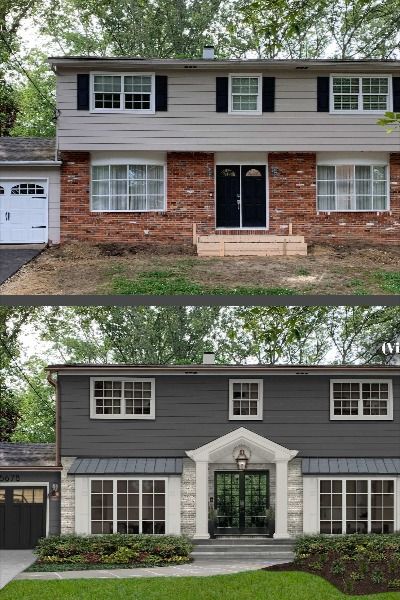 Exterior Transformations, Blue Grey Paint, Painted Houses, Exterior House Renovation, Painted Brick House, Exterior House Remodel, House Makeovers, Home Exterior Makeover, Exterior Renovation