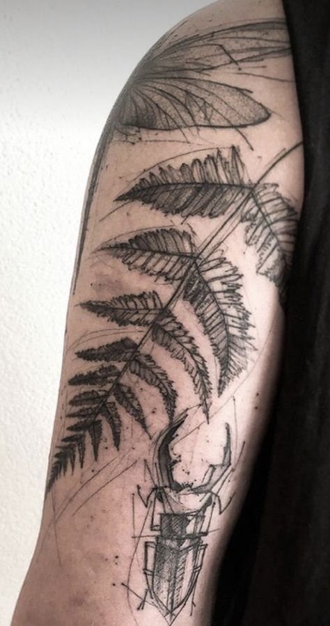 Fern Watercolor Tattoo, Realistic Fern Tattoo, Masculine Nature Tattoos, Leg Fern Tattoo, Fern Sleeve Tattoo, Fern Hip Tattoo, Sketchy Tattoo Style, Botanical Tattoo Men, Fern Tattoo Sleeve