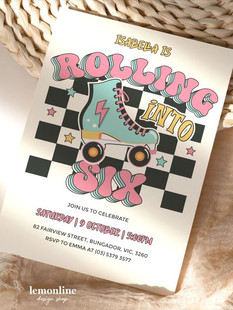 Get ready to roll with our awesome Roller Skate Invitation! This invitation is perfect for an epic 6th birthday party at the rink or at the park. Lace up your skates, gather your crew, and get ready to have a blast on wheels. Don't miss out on the fun—grab your invitation and let's roll into an unforgettable celebration! #rollerskate #skateinvite #rollerskateinvite Skate Rink Birthday Party, Rolling Into 6 Birthday, Roller Skating Bday Party, Groovy Skate Birthday Party, Roller Skating Theme Party Ideas, Girls Roller Skate Birthday Party, Roller Skate Party Ideas Girl Birthday, 6th Birthday Party Themes, Skate Party Invitations