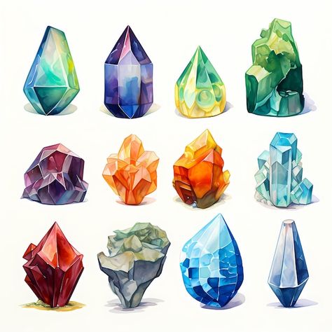 Crystal Pictures, Drawing Gemstones, Gemstone Painting, Draw Gemstones, Crystals And Gemstones Artwork, Watercolour Crystals, Gem Illustration Gemstones, Crystals Art Drawing, Watercolor Gem