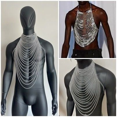 Men’s Body Jewelry, Burning Man Outfits Male, Festival Clothes Men, Feminine Men, Carnival Brazil, Sunflower Curtains, Chain Shirt, Body Chain Harness, Chain Harness