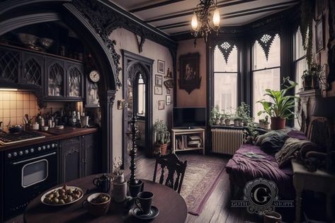 Victorian Goth Studio Apartment Credit: The Goth Shoppe AI Author/Designer: T Galdony Note: This image was produced using AI Living Room Witchy, Apothecary Bedroom, Bedroom Witchy, Goth Interior Design, Goth Interior, Alt Decor, Cottage Goth, Dark Inspiration, Witchy Cottage