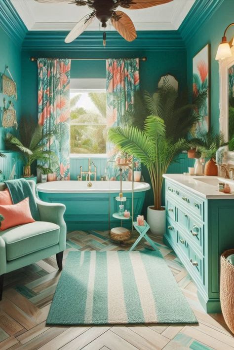 Transform your bathroom into a tropical getaway with vibrant teal and playful coral accents. Vacation vibes all year round. #TropicalBathroom #TealAndCoral Tropical Bathroom Theme, Lemon Bathroom, Tropical Bathroom, Coral Accents, Bathroom Color Schemes, Bathroom Themes, Bathroom Color, Vacation Vibes, Tropical Getaways