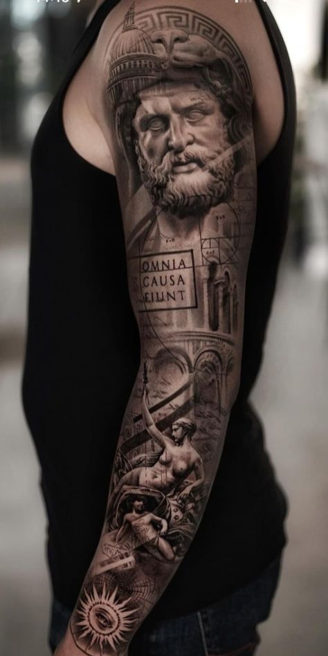 Weight Of The World Tattoo, Roman Tattoo Sleeve, Roman Style Tattoo, Roman Tattoos For Men, Italian Tattoo Ideas, Stoicism Tattoo, Rome Tattoo, Geometric Tattoo Sleeve Designs, Athena Tattoo