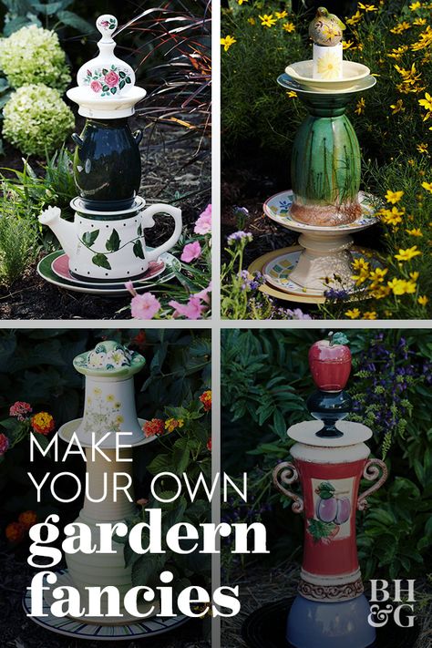 Follow these simple steps to select, seal, and stack pieces to create unique garden accents. #diygardendecor #gardenaccent #diycrafts #gardenfancies #upcycle #thrifted #bhg Diy Plant Stands, Plant Stand Ideas, Whimsical Garden Art, Unique Garden Art, Diy Plant Stand, Better Homes And Garden, Earth Art, Diy Art Projects, Garden Accents