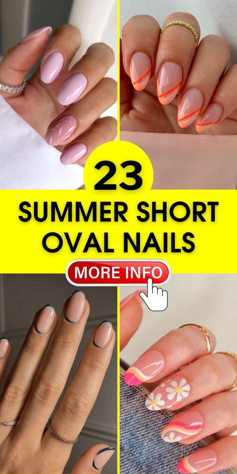 Unleash your creativity with summer short oval nails, showcasing 2024's gel and acrylic trends. Explore a variety of colors, from bold to soft pastels, and discover simple ideas and designs that make your summer manicure stand out with elegance. Oval Nails Designs Summer 2024, Short Oval Summer Nails, Oval Gel Nails Designs, Short Oval Nails Summer, Elegant Oval Nails, Oval Nails Gel, Summer Oval Nails, Oval Nails Short, Nails Gel Acrylic