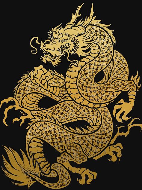 "Traditional Asian Golden Dragon " T-shirt by JbandFKllc | Redbubble Chinese Dragons Art, Golden Dragon Tattoo, Bodysuit Tattoos, Dragon Tattoo Meaning, Asian Dragon Tattoo, Chinese Dragon Art, Dragons Tattoo, Arte Yoga, Chinese Dragon Tattoos