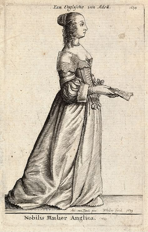 Wenceslas Hollar - Nobilis Mulier Anglica (State 1) - Category:1640s fashion - Wikimedia Commons 1640s Fashion, 1630s Fashion, Cinderella Pantomime, 1600s Fashion, Milady De Winter, Toronto Library, 17th Century Clothing, 17th Century Fashion, Anthony Van Dyck