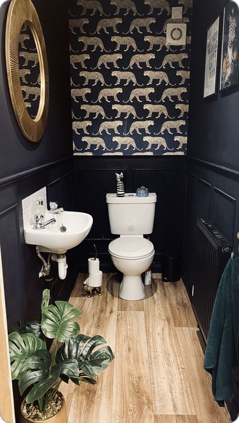 Dark Grey Cloakroom, Downstairs Toilet Ideas Black, Fun Downstairs Toilet Ideas, Small Cloakroom Toilet Downstairs Loo, Downstairs Toilet Ideas Wallpaper, Dark Small Bathroom Ideas, Small Cloakroom Toilet, Small Toilet Ideas, Cloakroom Toilet Ideas