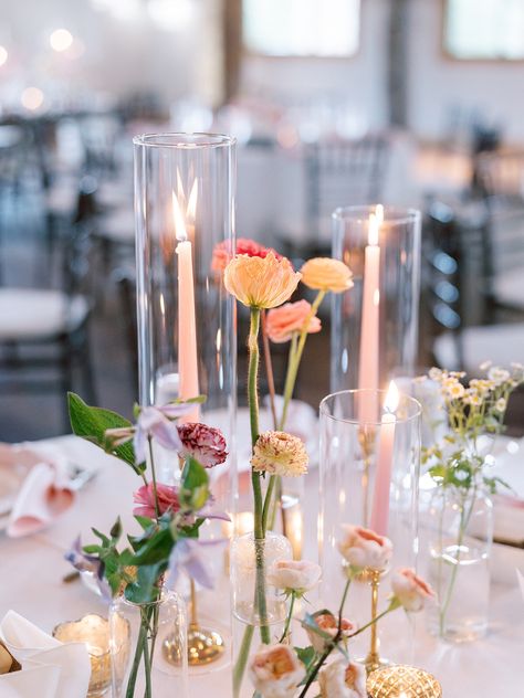 Round Table Centerpieces Wedding, Taper Candle Centerpiece, Terrain Wedding, Pink Taper Candles, Bud Vases Wedding, Taper Candles Wedding, Colored Taper Candles, Bud Vase Centerpiece, Round Wedding Tables