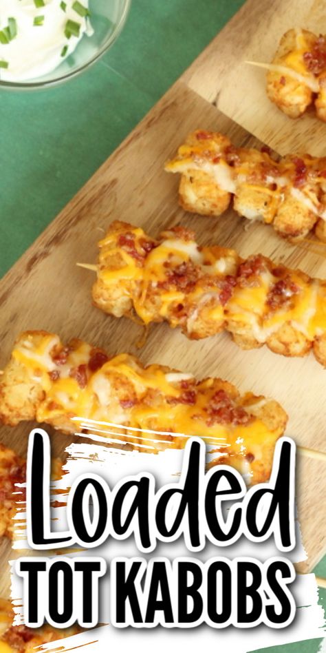 Add cheese and bacon to tater tot skewers then dip them in the toppings of your choice. You will love this simple appetizer and how great it tastes! #appetizer #recipe #party #yum Tater Tot Screwers, Simple Horderves Appetizers, Hockey Appetizers, Best Camping Appetizers, Easy Potato Appetizers For A Party, Tater Tot Skewers Appetizers, Camping Appetizers Easy, Potatoe Appetizer, Potato Appetizer Recipes