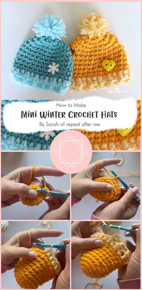 Tiny Snowman Hats Diy, Mini Beanie Crochet Pattern Free, Crochet Hat Decorations, Mini Winter Hats, Crochet Small Hat For Doll, Small Hat Crochet, Tiny Hats Crochet, Mini Crochet Beanie, Crochet Tiny Hat Free Pattern