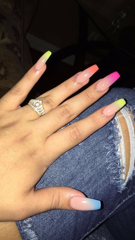 for live ass pins follow ; @victxoriaaa Multicolored Nails, Unghie Sfumate, French Pedicure, Colorful Nail Art, Ombre Acrylic Nails, Summer Acrylic Nails, Acrylic Nail Art, Acrylic Nails Coffin, Coffin Nails Designs