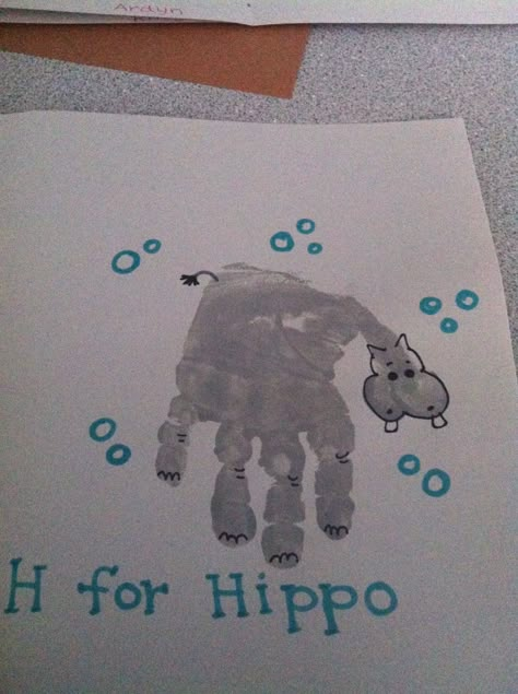 H is for hippo handprint Hippo Handprint Craft, Hippo Craft, Handprint Alphabet, Letter H Crafts, Hippo Crafts, Zoo Preschool, Zoo Animal Crafts, Daycare Curriculum, Abc Crafts