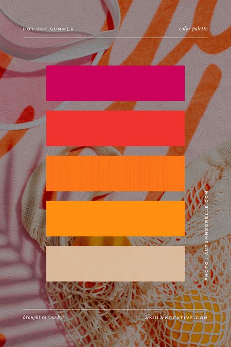 Reminiscent of a beach sunset, this color palette of magenta, red, orange, yellow, and sand (tan) is inspired by a summer scene snapped by Jenna Bechtholt Photography. Download a free PDF of all the color values to spice up your branding , brighten your space, or plan a party. Colour Pallets Inspiration, Print Color Palette, Coloring Palette, Beachy Color Palette, Beach Color Palettes, Art Splash, Brand Identity Colors, Orange Color Combinations, Sunset Color Palette