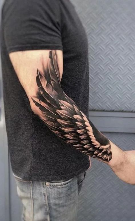 Forearm Wing Tattoo, Forearm Cover Up Tattoos, Cover Up Tattoos For Men, Alas Tattoo, Wing Tattoo Men, Band Tattoos, Forearm Band Tattoos, Wing Tattoo Designs, Men Tattoo