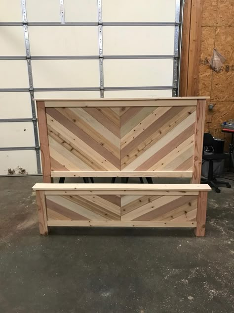 Chevron Wood Headboard, Diy Cedar Headboard, Full Size Bed Headboard Diy, Wood Bed Frame With Lights Headboards, Herringbone Bed Frame, Chevron Bed Frame, Diy Bed Frame Queen, King Sized Headboards, Homemade Bed Frame Wood