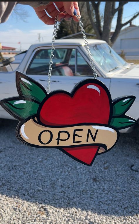 Tattoo Heart Open sign is perfect for your shop or small business! 
Let customers know when you're open, and when you're not! 

Hand painted with high quality enamel paint.
Approx size 10in diameter Small Tattoo Studio, Tattoo Shop Signs, Tattoo Studio Decoration, Shop Local Sign, Small Business Art, Tattoo Shop Ideas, Tattoo Shop Interior, Tattoo Shop Decor, Closed Sign