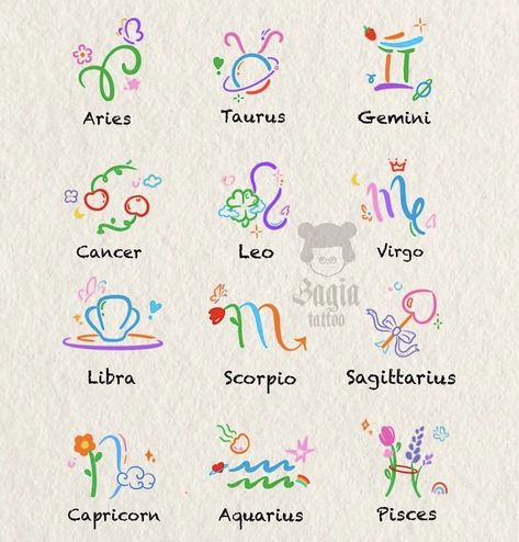 Colorful Mini Tattoo, Zodiac Signs Tattoos, Zodiac Sign Tattoo, Horoscope Tattoos, Small Pretty Tattoos, Zodiac Sign Tattoos, Cute Little Tattoos, Zodiac Tattoos, Cute Tiny Tattoos