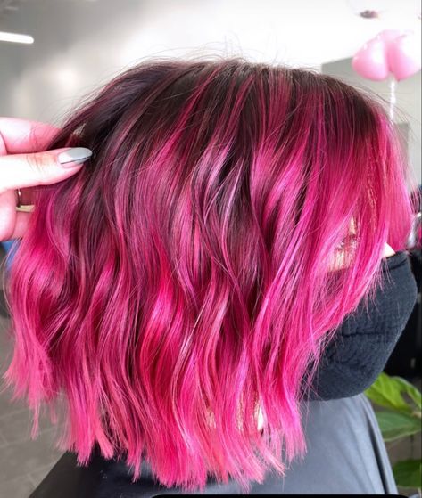 Pink Faded Hair, Pink Tinted Hair Brunette, Short Dark Pink Hair, Fushia Balayage Hair, Pink Hair Color Ideas For Brunettes Short Hair, Short Hot Pink Hair, Hot Pink Balayage Brunette, Pink Balayage Brunette Short, Hot Pink And Brown Hair