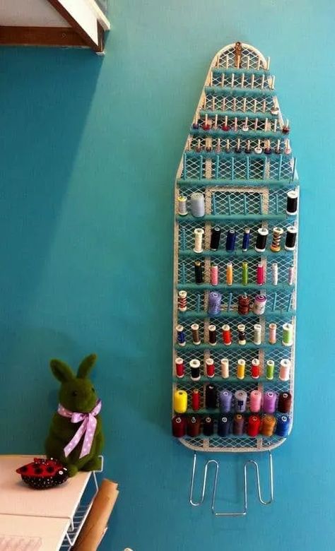 30+ Clever Ways to Organize Your Craft Supplies | Feeling Nifty Old Ironing Boards, Sewing Room Storage, Thread Storage, Sewing Room Organization, Quilting Room, Sewing Space, Craft Room Storage, My Sewing Room, Sewing Rooms