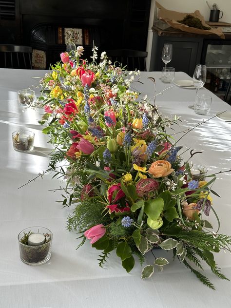 Spring flower table runner by Jane Farthing Long Table Arrangements, Flower Runner, Fake Flower Arrangements, March Wedding, Floral Table Runner, Long Table, Table Arrangements, Table Flowers, Fake Flowers