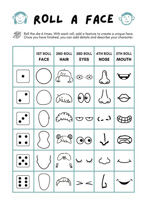 Roll A Face Game Worksheet - Templates by Canva Art Dice Game, Roll A Dice Drawing Games Art, Roll A Picture Dice Games, Roll A Face Dice Game, Roll Dice Drawing Game, Roll The Dice Drawing Game, Roll A Picture, Dice Roll Character Design, Roll A Dice Drawing Games