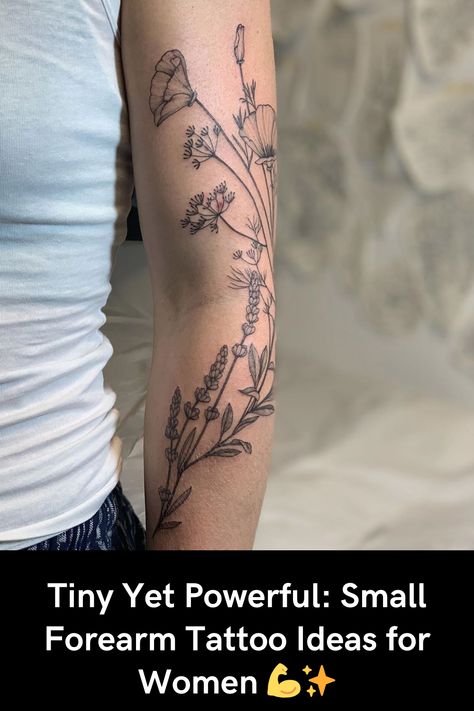 Looking for a subtle yet impactful tattoo? Explore these small forearm tattoo ideas that pack a punch in style and meaning. Perfect for women who want to express themselves with elegant and minimalist ink. Click to find your next powerful piece! #SmallTattoos #ForearmInk #TattooInspo Herb Tattoo, Arm Wrap Tattoo, Lower Arm Tattoos, Around Arm Tattoo, Wrap Around Tattoo, Wrap Tattoo, Lavender Tattoo, Small Forearm Tattoos, Wildflower Tattoo