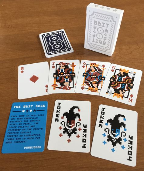 The 8Bit Deck - A pixel art themed playing card deck on Kickstarter. The deck was designed using pixel art, and features a color palette inspired by the Pico-8 fantasy console. The cards will be printed by the USPCC. Each deck is $15 and you can back the project now on Kickstarter. Pico8 Pixel Art, Console Pixel Art, Pico 8, Pixel Art Sprite, Game Card Design, Bicycle Cards, Playing Cards Design, 카드 디자인, Playing Card Deck