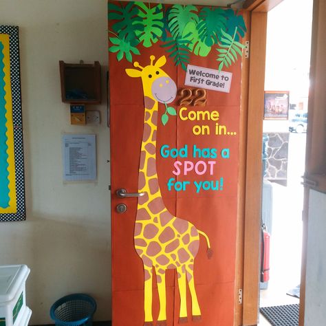 Welcome Door For Preschool, Door Kindergarten Ideas, Door Decor For Kindergarten, Giraffe Classroom Door, Welcome To The Jungle Door Decoration, Cute Preschool Door Ideas, Giraffe Door Decoration, Giraffe Bulletin Board, Some Call It Chaos We Call It Preschool