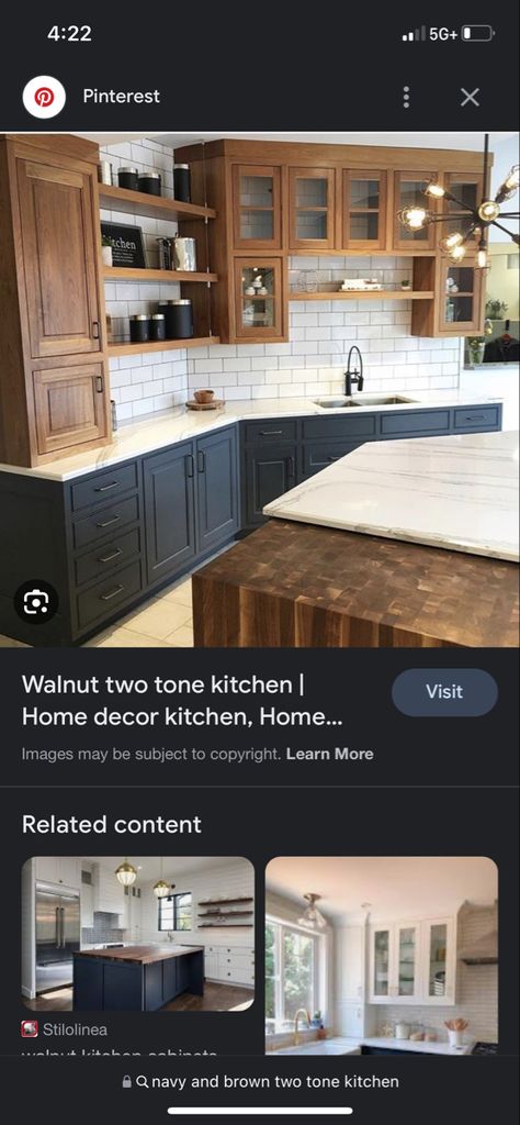 Navy Blue Kitchen Island Brown Cabinets, Navy And Dark Wood Kitchen, Walnut And Navy Kitchen, Navy Blue Lower Kitchen Cabinets, Blue And Tan Kitchen Ideas, Blue Kitchen Brown Cabinets, Navy And Natural Wood Kitchen, Blue And Stained Kitchen Cabinets, Navy Stained Cabinets