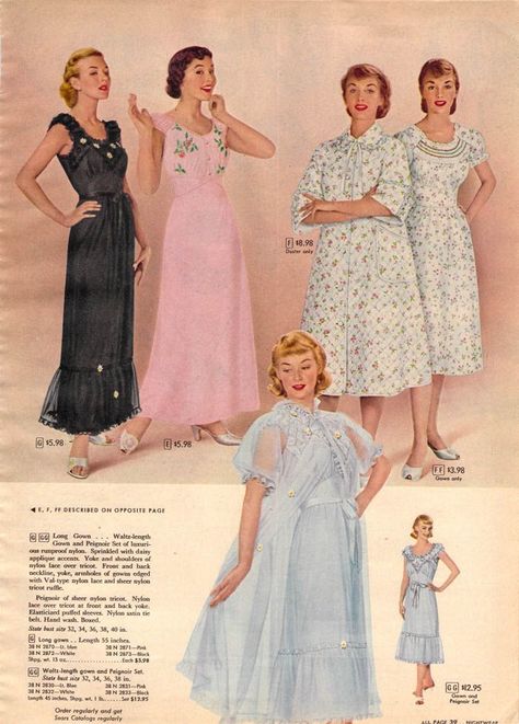 1956 Nighties Sears Catalogue Late Vintage 1950s Sleepwear, 50s Clothes, Playsuit Pattern, 1950s Costume, Vintage Sleepwear, 1950s Woman, Vintage Catalog, Fashion Museum, 50's Fashion