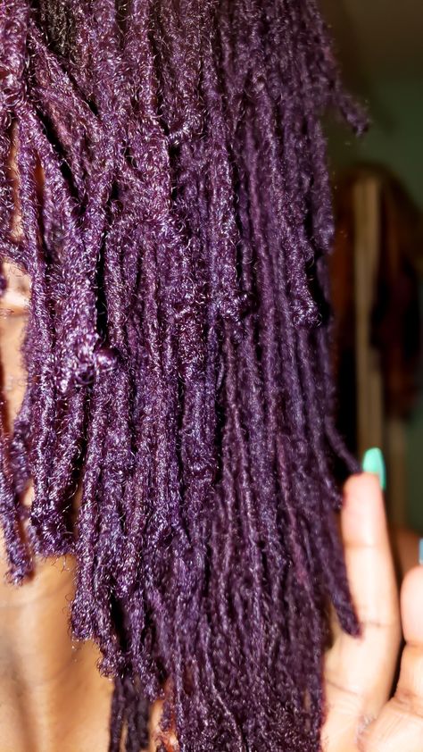 Healthy moisturized color locs purple. Adore semi permanent hair dye. Color:violet gem, lavender, purple rage #locjourney #interlocking #locs #minilocs  #healthyhair #healthylocs #colorlocs #purplehair #shoulderlength #queensgardenbeauty Adore Lavender Hair Dye, Loc Dye Ideas Purple, Purple Microlocs, Dark Purple Locs, Purple Locs Black Women, Lavender Locs, Locs Purple, Purple Locs, Interlocking Locs