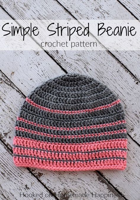 Simple Striped Crochet Beanie Pattern (Crochet Along for a Cause) | Hooked on Homemade Happiness 2 Color Beanie Hat Crochet Pattern, 2 Color Crochet Beanie, Crochet Beanie Striped, Crochet Free Hat Patterns, Striped Crochet Beanie, Charity Crochet, Beanie Pattern Crochet, Crochet Headwear, Beanie Slouchy