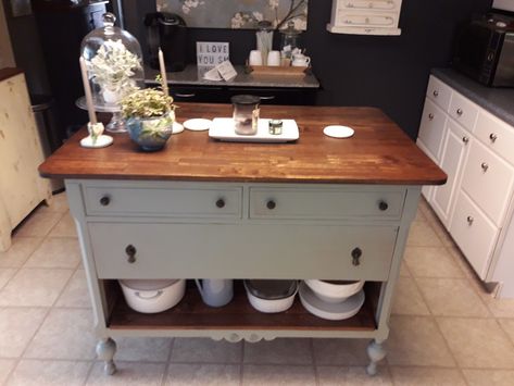 Dressers As Kitchen Islands, Dresser Turned, Dresser Kitchen Island, Large Dresser, Kitchen Island Decor, Split Level House, Island Decor, Kitchen Island Design, Old Dressers