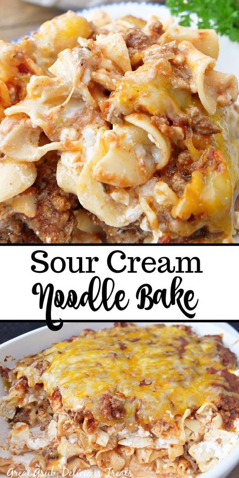 A double collage photo of sour cream noodle bake. Sour Cream Casserole Ground Beef, Sour Cream Hamburger Casserole, Hamburger Sour Cream Recipes, Sour Cream Egg Noodles, Hamburger Noodle Bake With Cream Cheese, Dinner Ideas With Sour Cream, Sour Cream Noodle Bake Ground Beef, Sour Cream Ground Beef Noodle Casserole, Hamburger Sour Cream Noodle Casserole