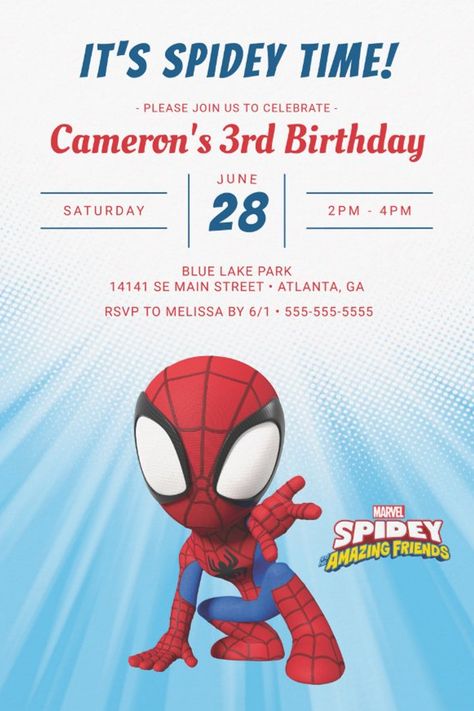 Spidey Birthday Invitation
Invite all your friends to your child's Spider-Man themed Birthday with these cute Spidey invitations. Personalize by adding all y our party details! Marvel Birthday Party Ideas, Spiderman Birthday Party Invitations, Friends Birthday Invitation, Spidey Birthday, Unique Birthday Ideas, Spiderman Birthday Party Decorations, Spiderman Birthday Invitations, Spiderman Invitation, Marvel Birthday Party