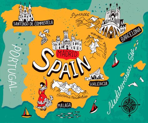 Spain Map by Daria I./Shutterstock.com Fun Facts About Spain, Facts About Spain, Cadaques Spain, All About Spain, Map Of Spain, Spain Flag, Spain Culture, Toledo Spain, Geography Map